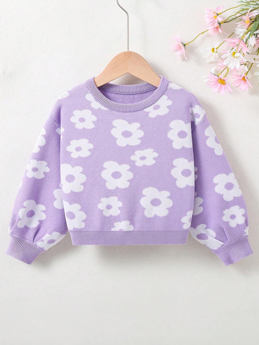 SHEIN Little Girls' Drop Shoulder Sweater With Floral Pattern - Purple - View 1