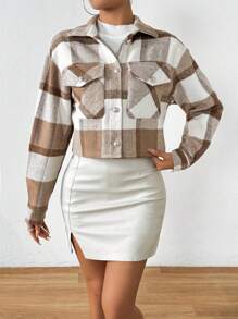 SHEIN Essnce 格紋折領翻蓋口袋羊毛外套 - 卡其色 - 查看 3