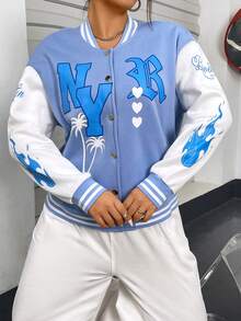 Flirla Của phụ nữ Kích thước lớn Áo khoác Với In thư Và Khối màu Thiết kế - Nhiều màu - Xem 7