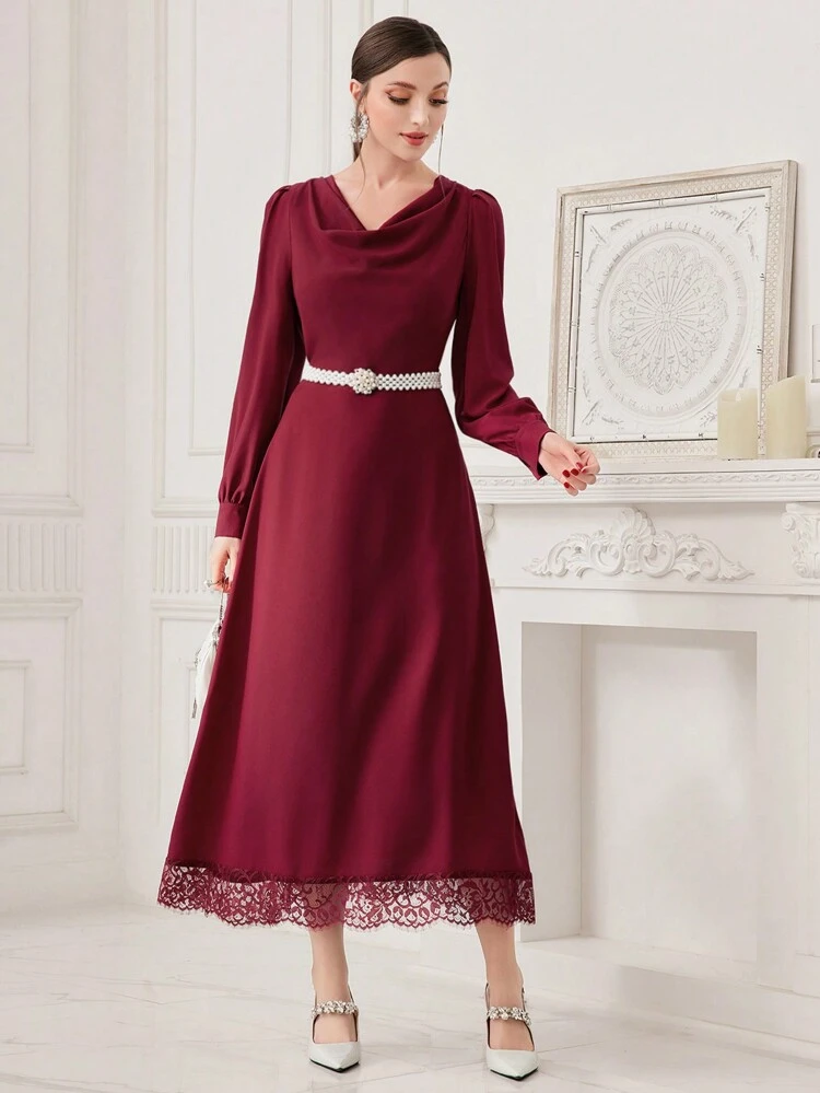 Burgundy Red Elegant Solid Color Long-Sleeved Women's Dress With Lace Hem