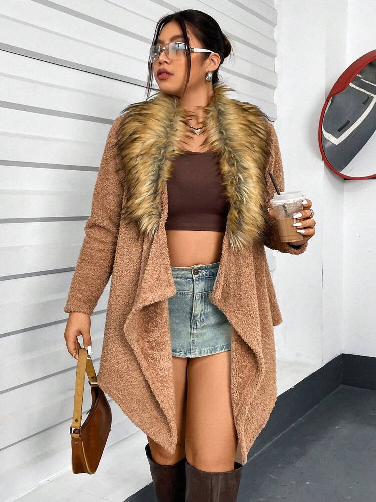 Women's Plus Size Patchwork Plush Collar Front Open Coat