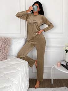 RueChic Slogan Graphic Tee & Pants Lounge Set - Brown - View 3