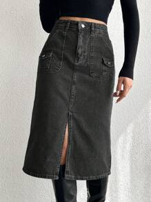 EURMUSE Jeans Straight Skirt With Slanted Pocket And Split Hem - Dark Grey - View 5