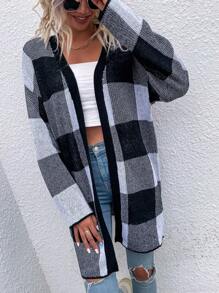 SHEIN LUNE Của phụ nữ Kẻ sọc Thả vai Áo len Mở Với Mở Mặt trước - màu đen - Xem 6