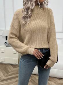 SHEIN LUNE 純色半高領休閒女款毛衣 - 杏色 - 查看 5