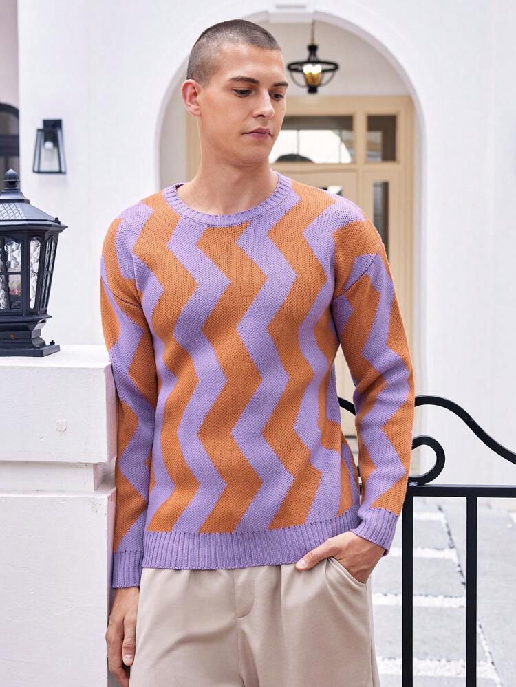 Color Block Pattern Round Neck Knitted Sweater For Men, Long Sleeve