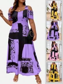 Plus Graphic Print Cold Shoulder Dress Maxi Women Outfit - Purple - View 6