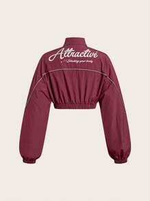 SHEIN ICON 女款拼色條紋機車夾克 - 酒紅色 - 查看 2