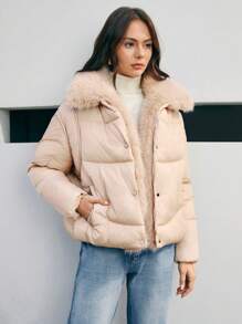 Anewsta Short Padded Coat With Collar - Beige - View 3