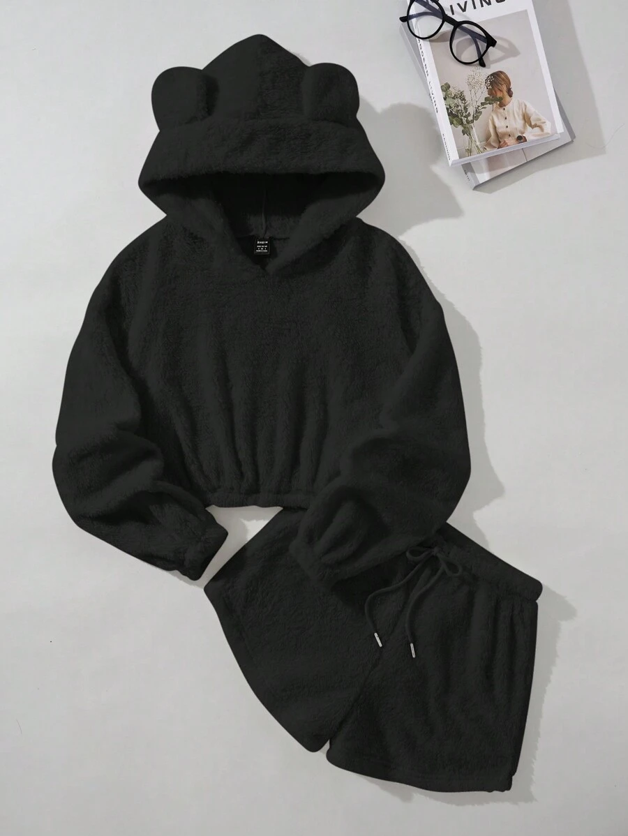 SHEIN EZwear Women Two-piece Outfits Kolor Kantong Plain Lucu - Hitam - View 1