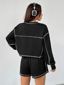 SHEIN EZwear 女性貼片細節運動衫和短褲套裝,配飾縫製 - 黑色 - 查看 2