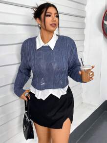 Flirla Women's Plus Size Cropped Cable Knit Sweater Knit Pullover Fall Winter Outfit - Blue - View 4