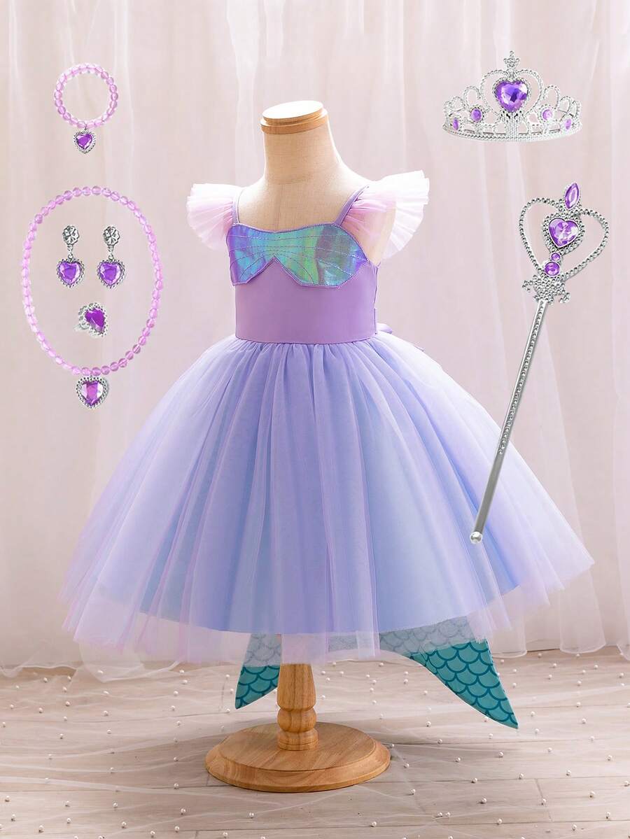 Toddler Girls' Tulle Mesh Ruffle Hem Dress For Special Occasions - Purple - View 1
