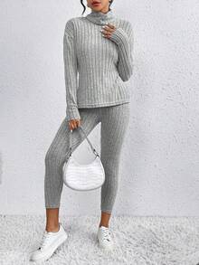 SHEIN Essnce 2pcs/set Solid Ribbed Turtleneck T-shirt And Leggings - Light Grey - View 4