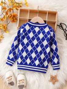 Infant Boys' Diamond Plaid Pattern Cardigan With Round Neckline - Blue - View 2