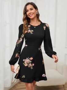 SHEIN Clasi Của phụ nữ In hoa Tay áo lồng đèn Vòng cổ Đầm - Nhiều màu - Xem 4