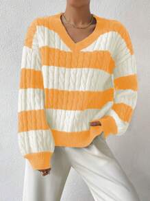 SHEIN Essnce Women'S Striped Cable Knit Pullover Sweater - Yellow - View 5