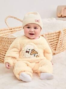 Baby Boy Cartoon Embroidery Raglan Sleeve Teddy Sweatshirt & Pants