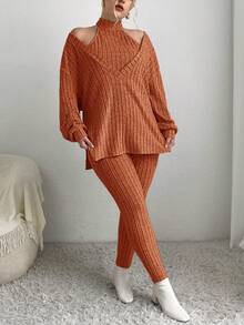 SHEIN Essnce Plus Size 3pcs Solid Color Ribbed Knitwear Set - Rust Brown - View 3