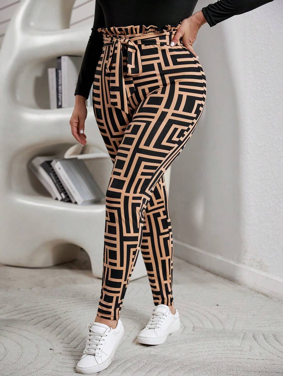SHEIN Essnce Plus Size Geometric Printed Paperbag Waist Belted Pants