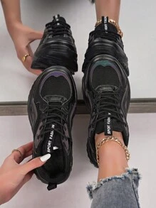 Women's Outdoor Casual Chunky Sneakers With Thick Sole, Chunky Shoes Style, Black
