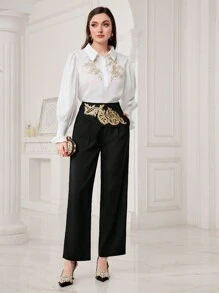 Seusyu Women's Lace Leaf Decorated Long Pants - Black - View 3