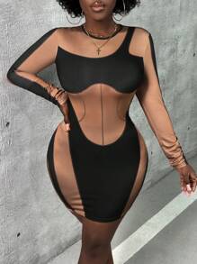Slaydiva Color Block Bodycon Dress - Black - View 1