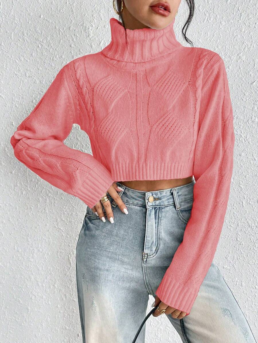 SHEIN Unity 女式高領落肩毛衣 - 淺粉色 - 查看 1