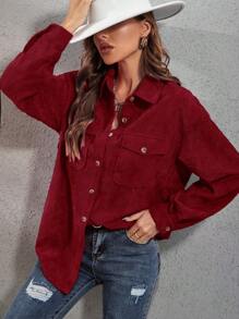 SHEIN Essnce Women's Solid Color Flap Pocket Shirt - Burgundy - View 1