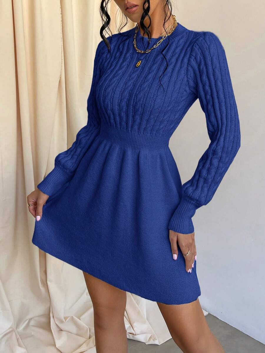 Cloudara Solid Color Cable Knit Sweater Dress - Blue - View 1