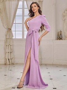 SHEIN Belle One Shoulder Bow Knot Decorated High-Slit Mermaid Bridesmaid Dress