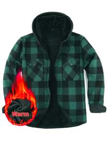 Men Buffalo Plaid Print Thermal Lined Drawstring Hooded Shacket - Black - View 1