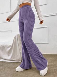SHEIN EZwear Women's Elastic Waistband Ribbed Flared Pants - Purple - View 5