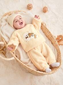 Baby Boy Cartoon Embroidery Raglan Sleeve Teddy Sweatshirt & Pants