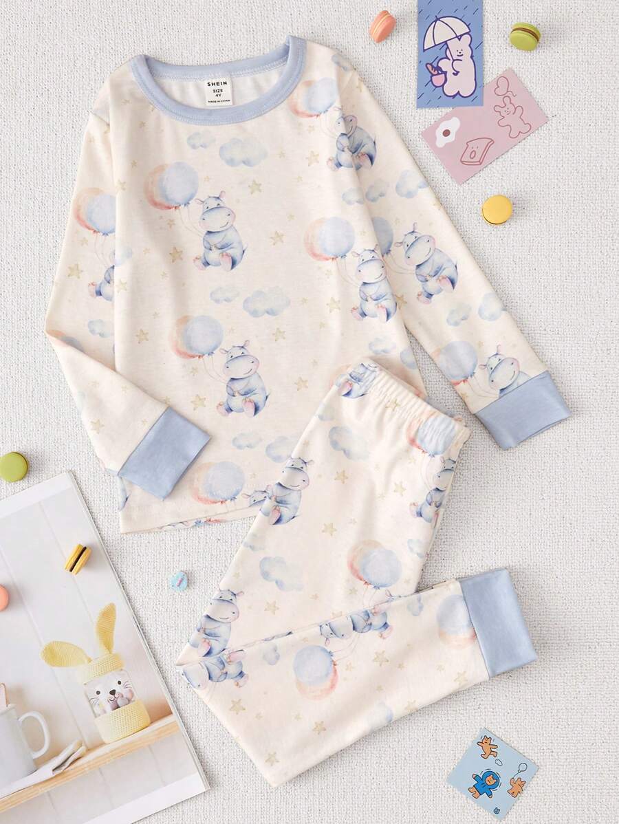 Young Boy Cartoon Hippopotamus Snug Fit Pajamas Set - Beige - View 1