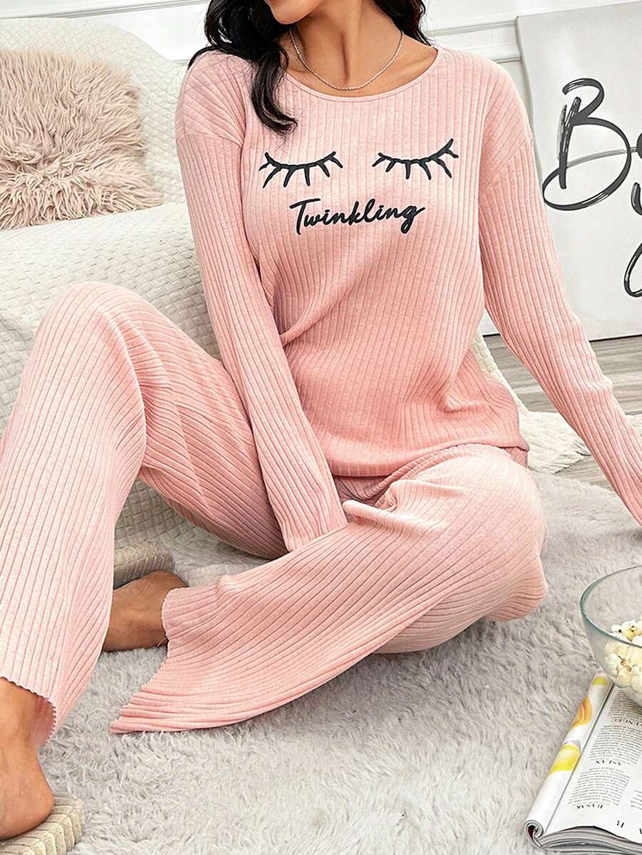 RueChic Letter And Eyelash Print Ribbed Knit Pajama Set - Pink - View 1
