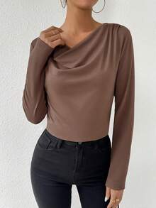 SHEIN Privé Solid Color Draped Collar T-shirt - Coffee Brown - View 5