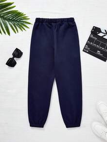 SHEIN 男童休閒運動拼接口袋字母印花加厚暖襯汗褲,冬季 - 藏蓝色 - 查看 2