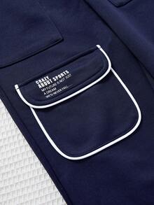 SHEIN 男童休閒運動拼接口袋字母印花加厚暖襯汗褲,冬季 - 藏蓝色 - 查看 5