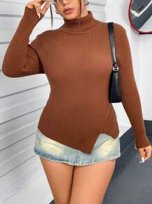 Flirla Plus Size High Neck Sweater Knit Pullover Fall Winter Outfit