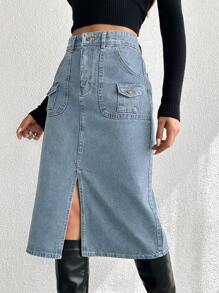 EURMUSE Diagonal Pocket Slit Hem Denim Skirt - Light Wash - View 4