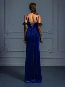 Thanh lịch Cao-kết thúc Ren Tách Dài Chính thức Đầm dạ hội Đối với phụ nữ - Màu xanh lam - Xem 2