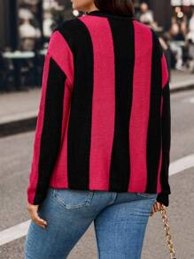 SHEIN LUNE Cardigan Tricoté Rayé À Blocs De Couleurs De Grande Taille Pour Femmes Avec Bouton Sur Le Devant - Multicolore - Voir 4