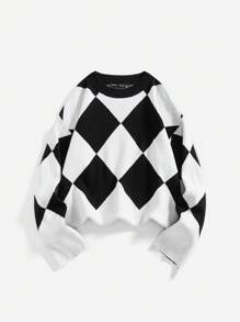 SHEIN EZwear Mẫu Geo Thả vai Áo len - Đen và trắng - Xem 6