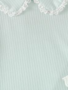 女童条纹纹理面料彼得潘领蕾丝拼接公主家居服套装 - 綠色 - 查看 3