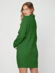 EURMUSE Solid Turtleneck Drop Shoulder Sweater Dress - Green - View 10