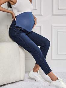 SHEIN Cottnline Maternity Adjustable Wideband Waist Cropped Jeans - Medium Wash - View 4