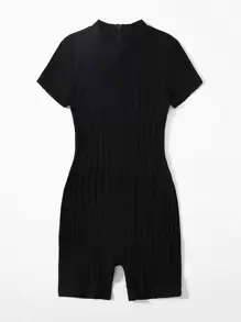 SHEIN EZwear Summer Outfits Mock Neck Rib-Knit Unitard Back Romper - Black - View 4