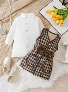 SHEIN Baby Girls' Thick Woolen Network Vest Jacket And Plaid Shirt Set, Spring/Autumn/Winter, For Christmas - Khaki - View 3