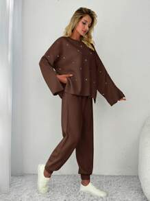EURMUSE 2pcs Beaded Slit Sleeves Sweater And Solid Color Slim Fit Sweater Pants - Chocolate Brown - View 4
